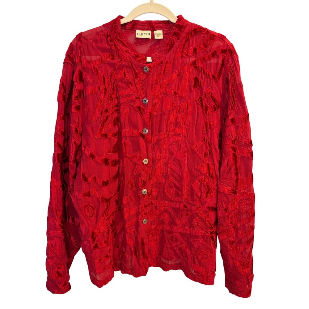 Chicos Red Burnout Velvet Blouse Sheer Geometric Button Front Holiday Sz 3 XL